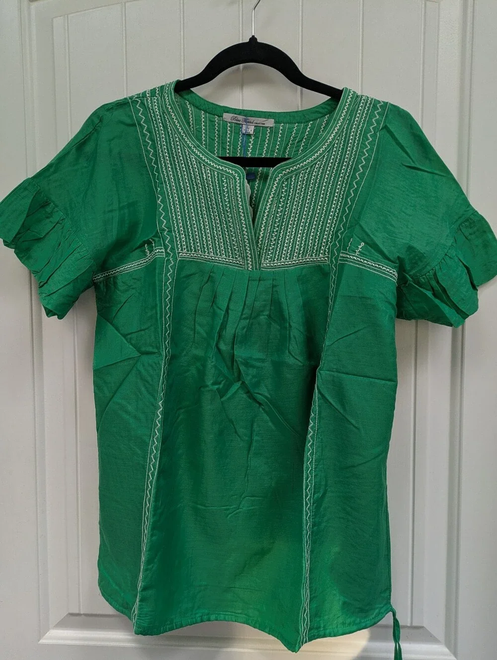 Anthropologie Blue Tassel Brand Embroidered Green Peasant Top - Picture 2 of 12